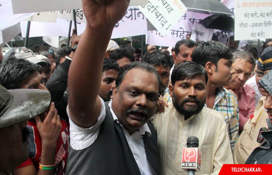 Members of Akhil Bharatiya Kshatriya Mahasabha protest outside Balaji office