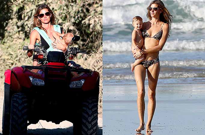 Gisele Bundchen riding ATV in a bikini with 13-month old daughter